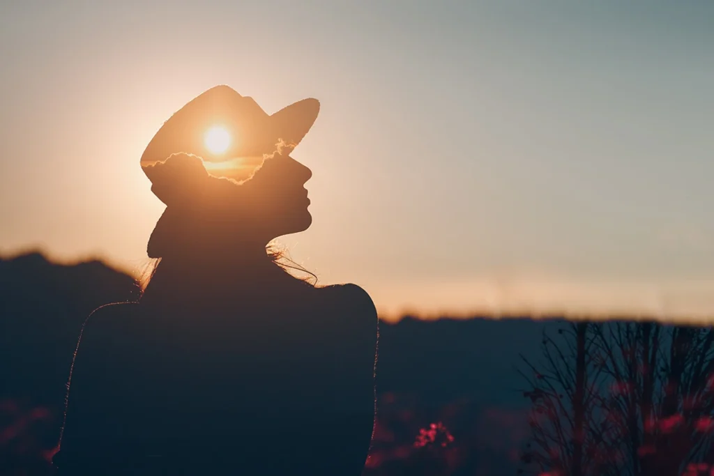 Silhouette of a woman in a hat with a sunset and clouds superimposed inside her profile.